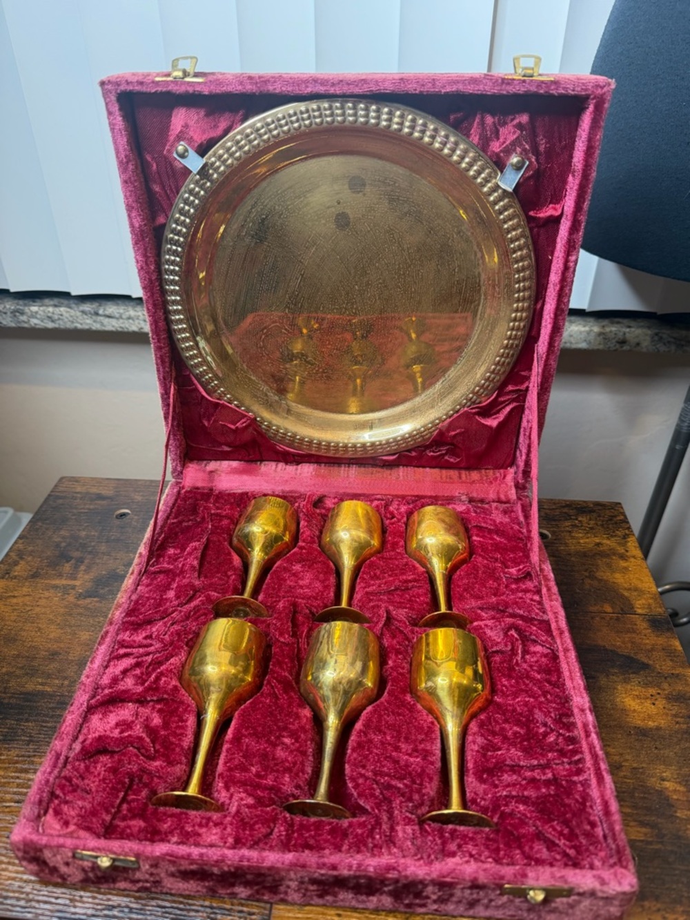Vintage set of brass cordial goblets matching serving tray in its original box